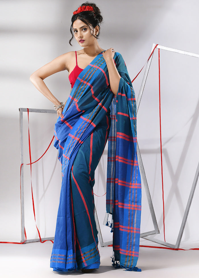 Teal Blue Cotton Saree With Blouse Piece - Indian Silk House Agencies