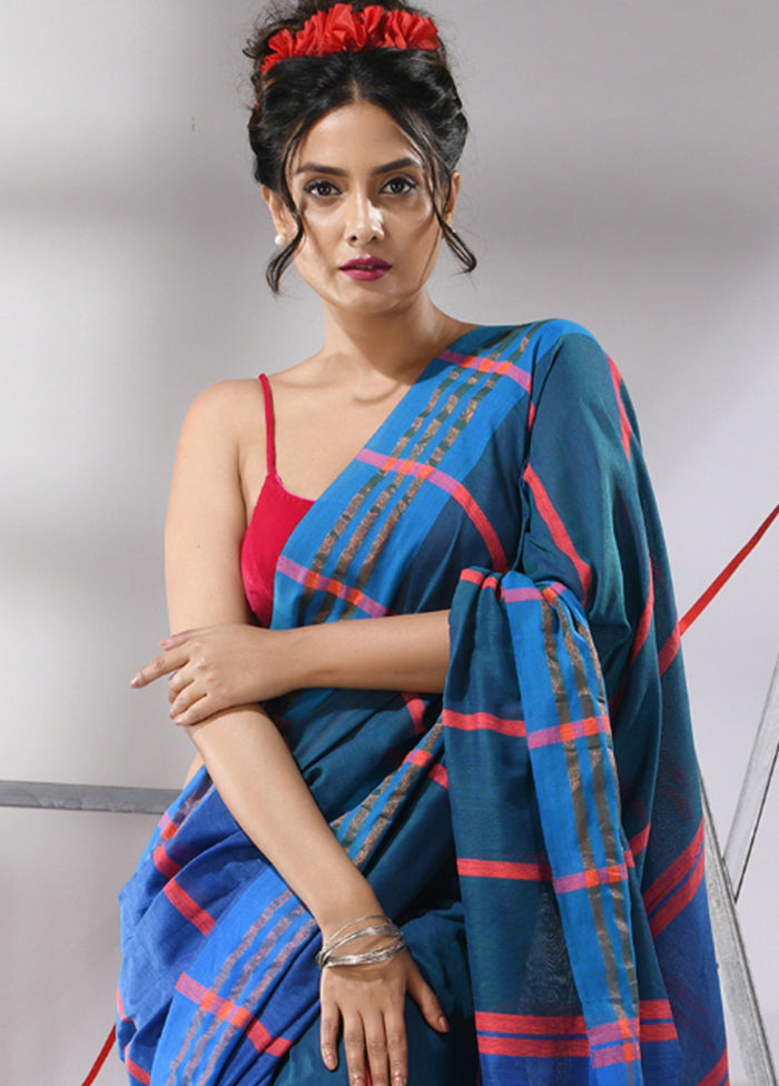 Teal Blue Cotton Saree With Blouse Piece - Indian Silk House Agencies