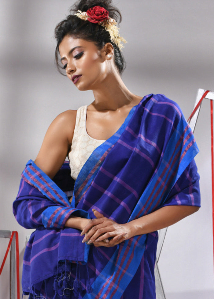 Navy Blue Cotton Saree With Blouse Piece - Indian Silk House Agencies