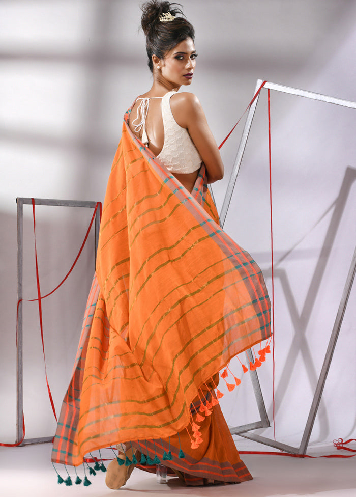 Orange Cotton Saree With Blouse Piece - Indian Silk House Agencies