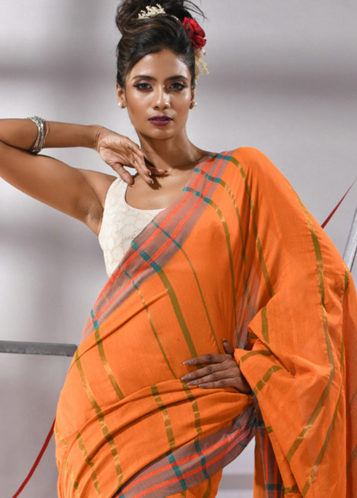 Orange Cotton Saree With Blouse Piece