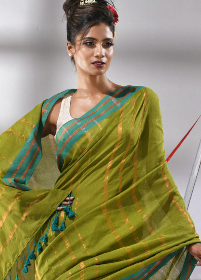 Moss Green Cotton Saree With Blouse Piece - Indian Silk House Agencies