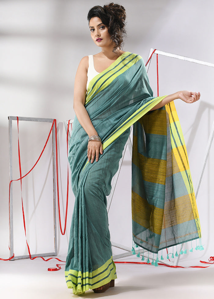 Teal Cotton Saree With Blouse Piece - Indian Silk House Agencies