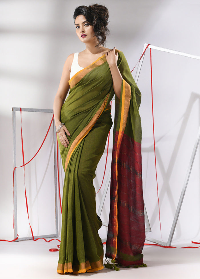 Moss Green Cotton Saree With Blouse Piece - Indian Silk House Agencies