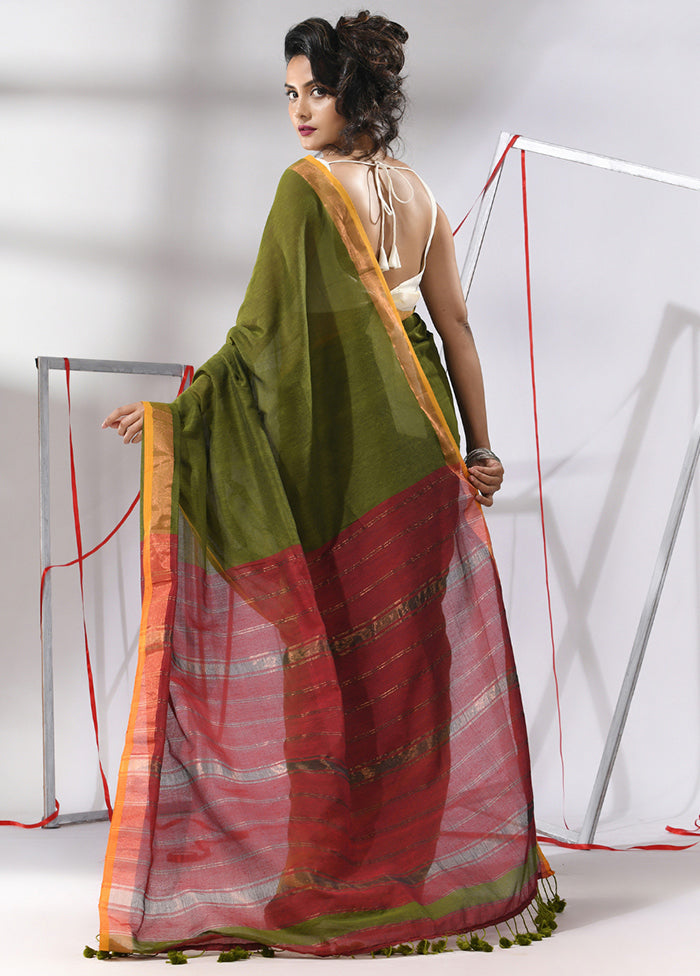 Moss Green Cotton Saree With Blouse Piece - Indian Silk House Agencies