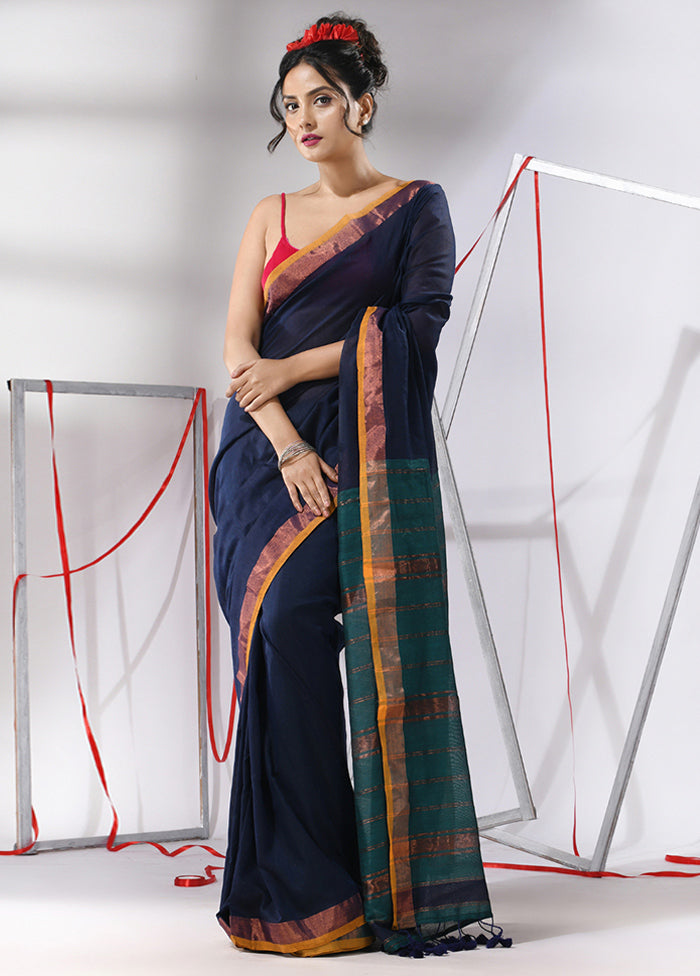 Navy Blue Cotton Saree With Blouse Piece - Indian Silk House Agencies