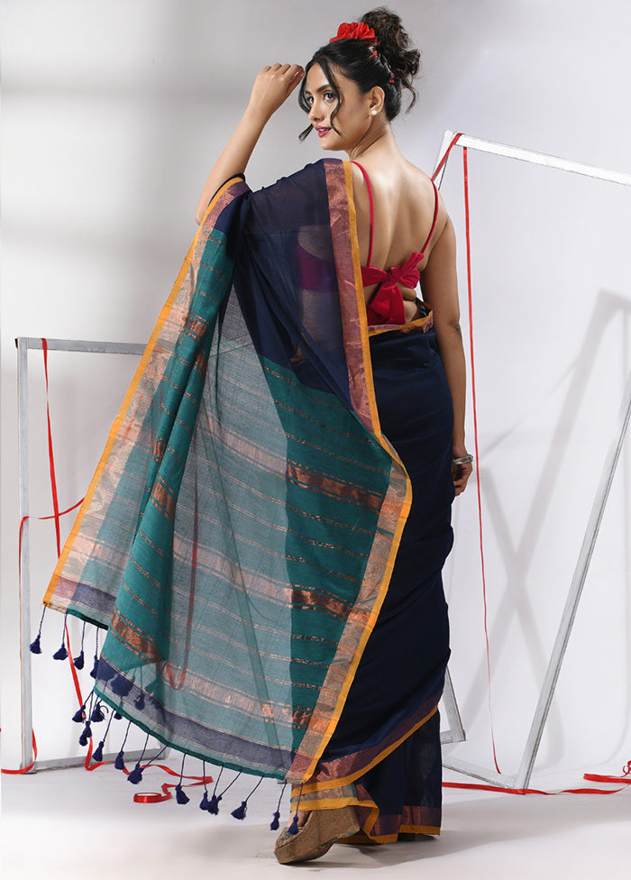 Navy Blue Cotton Saree With Blouse Piece - Indian Silk House Agencies