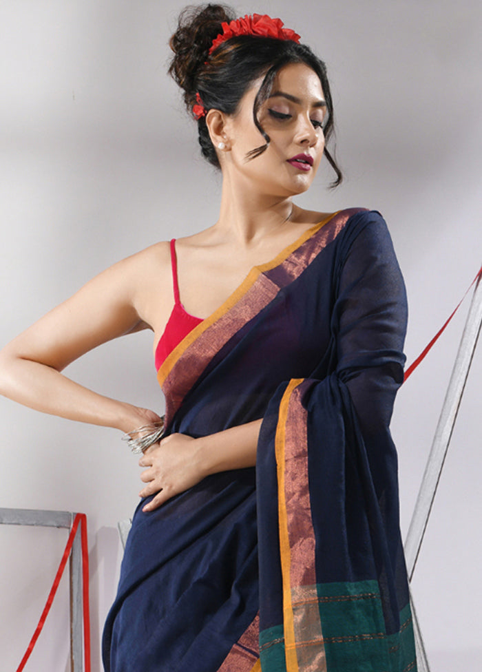 Navy Blue Cotton Saree With Blouse Piece - Indian Silk House Agencies