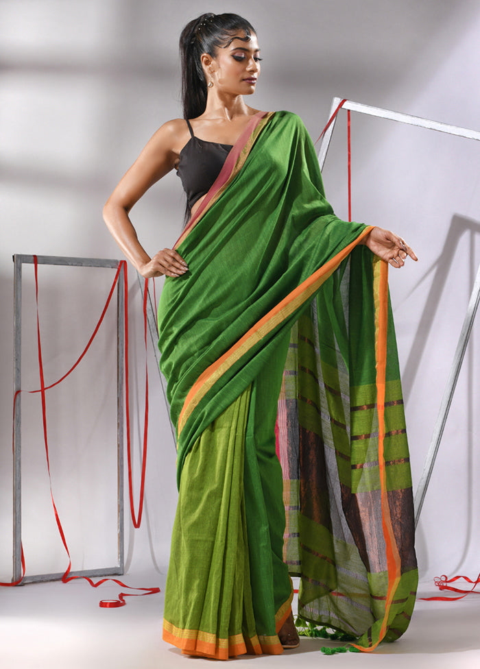 Green Cotton Saree With Blouse Piece - Indian Silk House Agencies