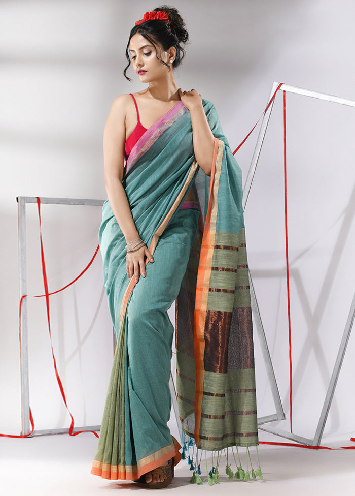 Ice Blue Cotton Saree With Blouse Piece - Indian Silk House Agencies