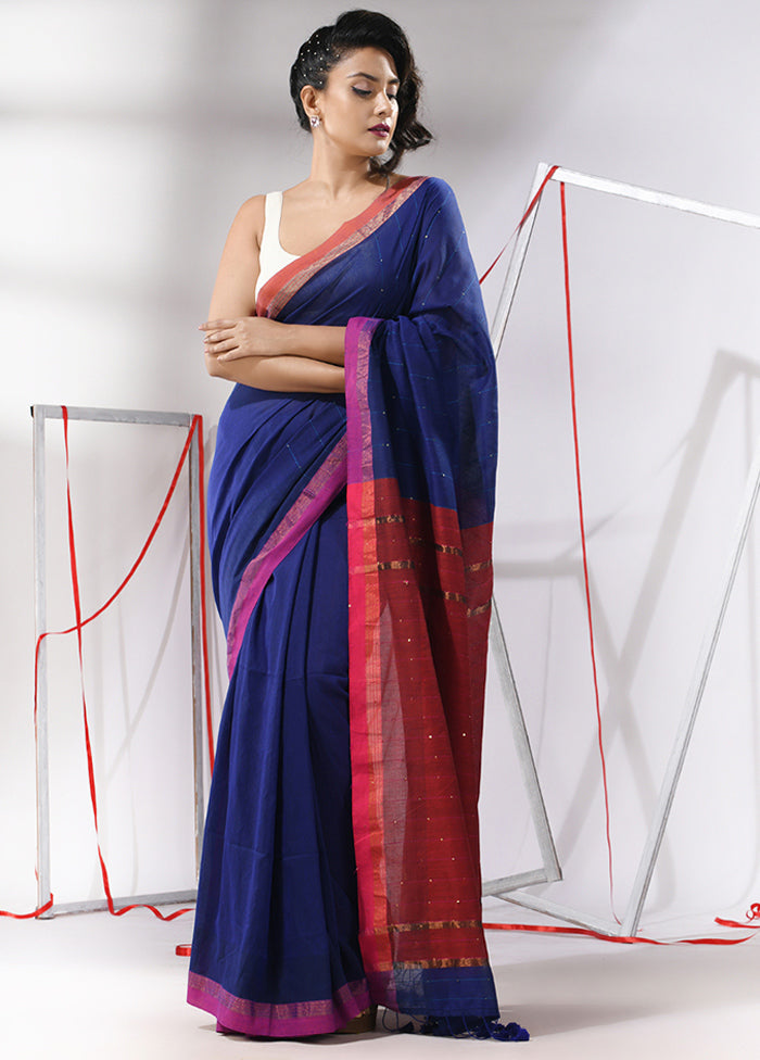 Blue Cotton Saree With Blouse Piece - Indian Silk House Agencies