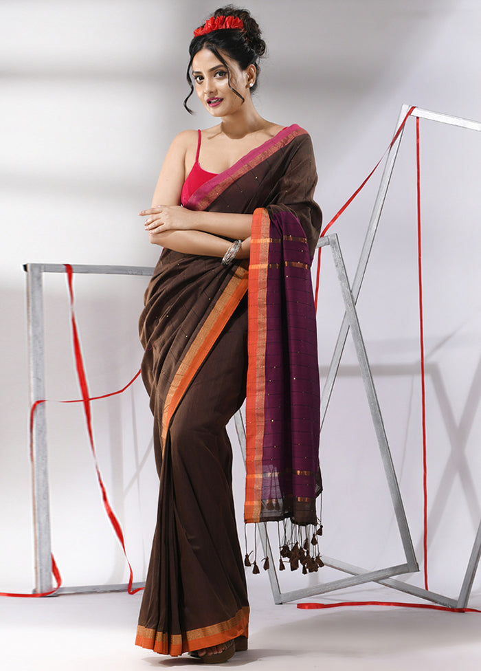 Brown Cotton Saree With Blouse Piece - Indian Silk House Agencies