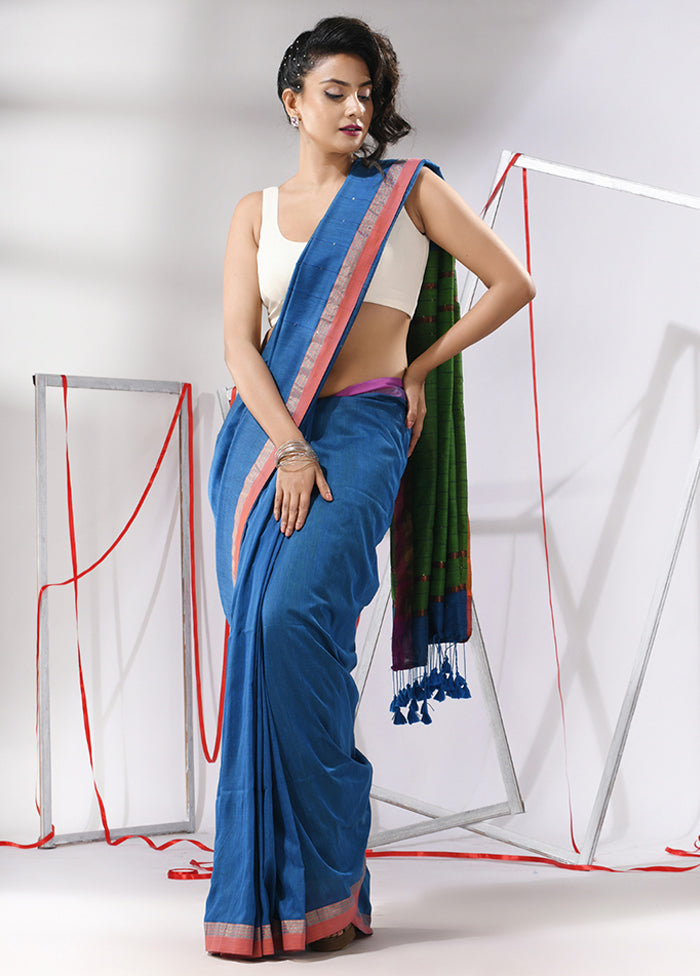 Blue Cotton Saree With Blouse Piece - Indian Silk House Agencies