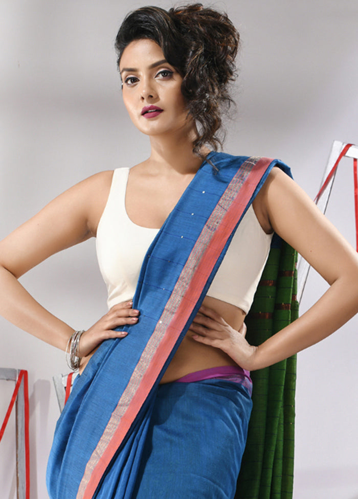 Blue Cotton Saree With Blouse Piece - Indian Silk House Agencies