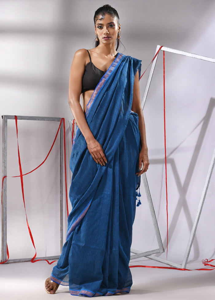 Blue Cotton Saree With Blouse Piece - Indian Silk House Agencies