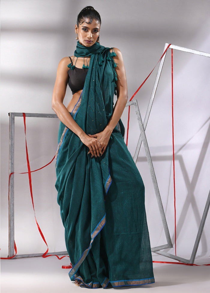 Teal Cotton Saree With Blouse Piece - Indian Silk House Agencies