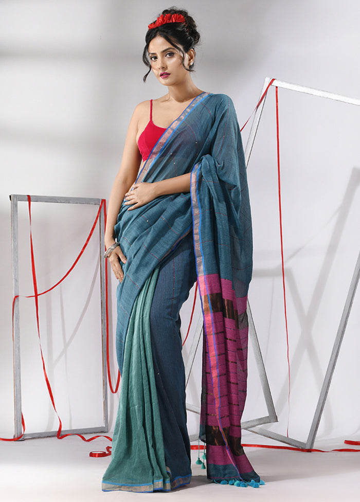 Teal Cotton Saree With Blouse Piece - Indian Silk House Agencies