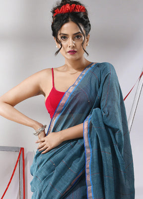 Teal Cotton Saree With Blouse Piece - Indian Silk House Agencies