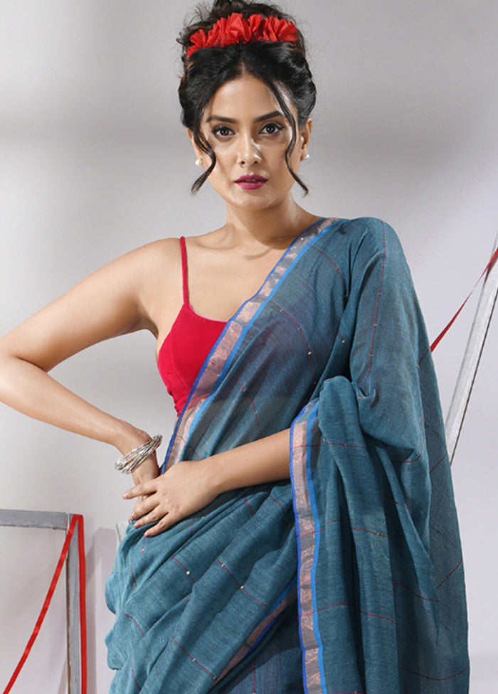 Teal Cotton Saree With Blouse Piece - Indian Silk House Agencies