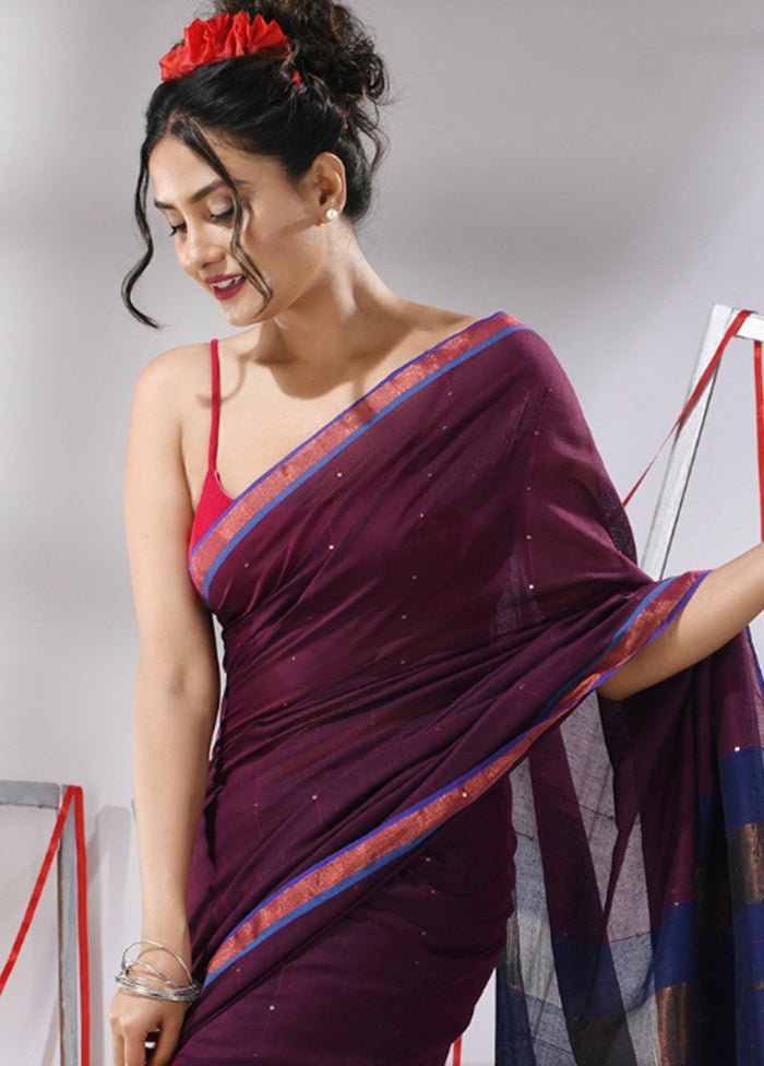 Purple Cotton Saree With Blouse Piece - Indian Silk House Agencies