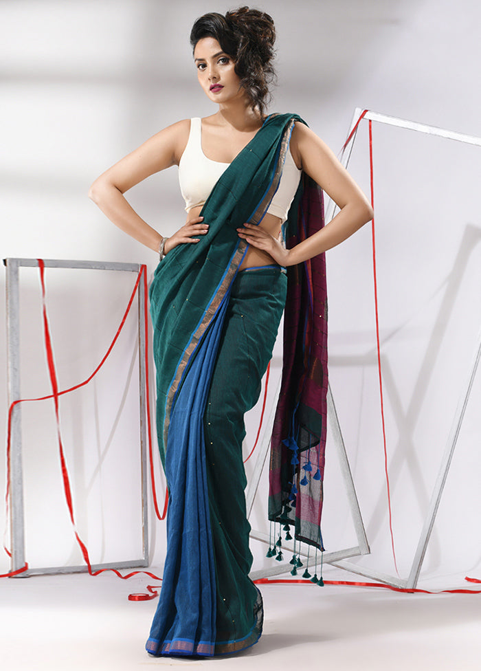 Teal Cotton Saree With Blouse Piece - Indian Silk House Agencies