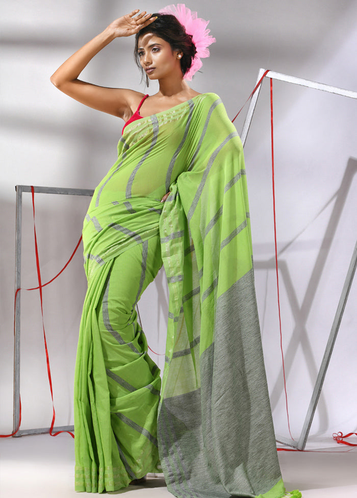 Green Cotton Saree With Blouse Piece - Indian Silk House Agencies