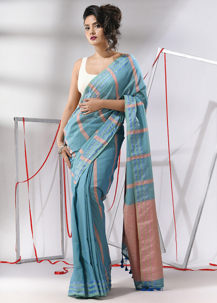 Sky Blue Cotton Saree With Blouse Piece - Indian Silk House Agencies