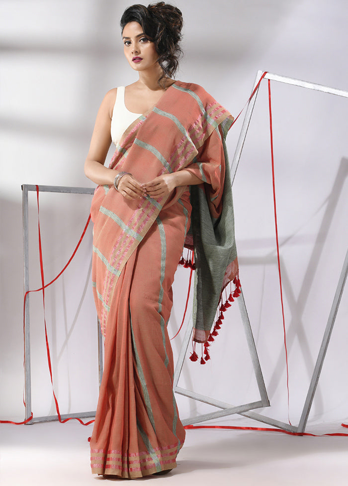 Dark Peach Cotton Saree With Blouse Piece - Indian Silk House Agencies