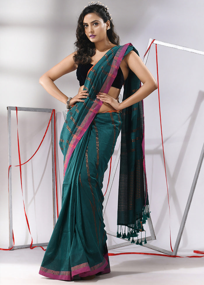 Teal Cotton Saree With Blouse Piece - Indian Silk House Agencies