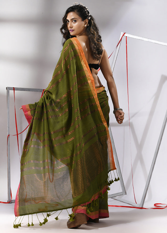 Green Cotton Saree With Blouse Piece - Indian Silk House Agencies