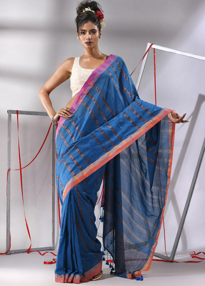 Blue Cotton Saree With Blouse Piece - Indian Silk House Agencies