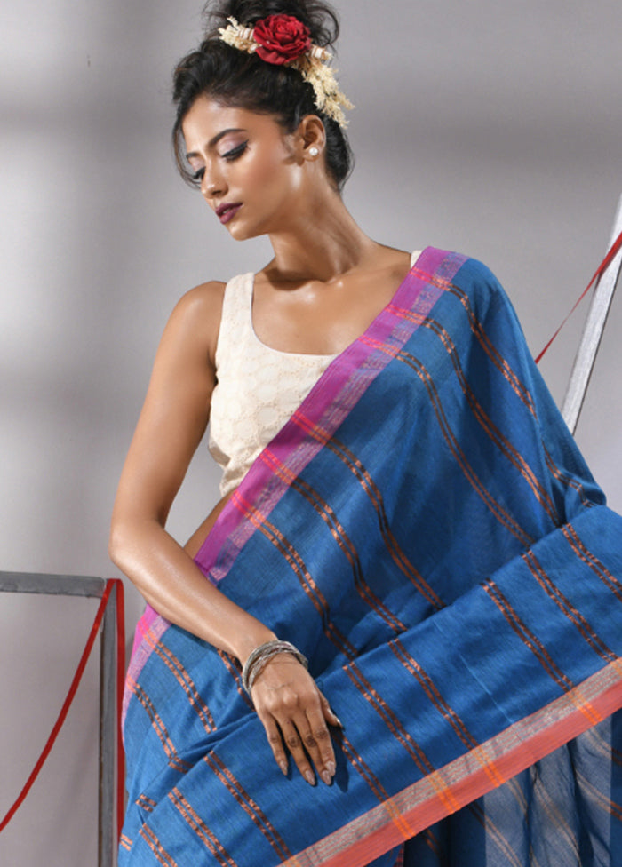 Blue Cotton Saree With Blouse Piece - Indian Silk House Agencies