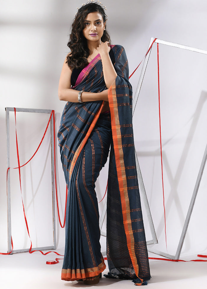 Dark Grey Cotton Saree With Blouse Piece - Indian Silk House Agencies