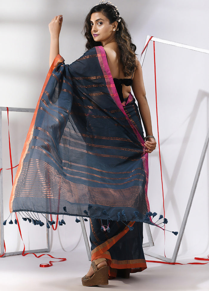 Dark Grey Cotton Saree With Blouse Piece - Indian Silk House Agencies