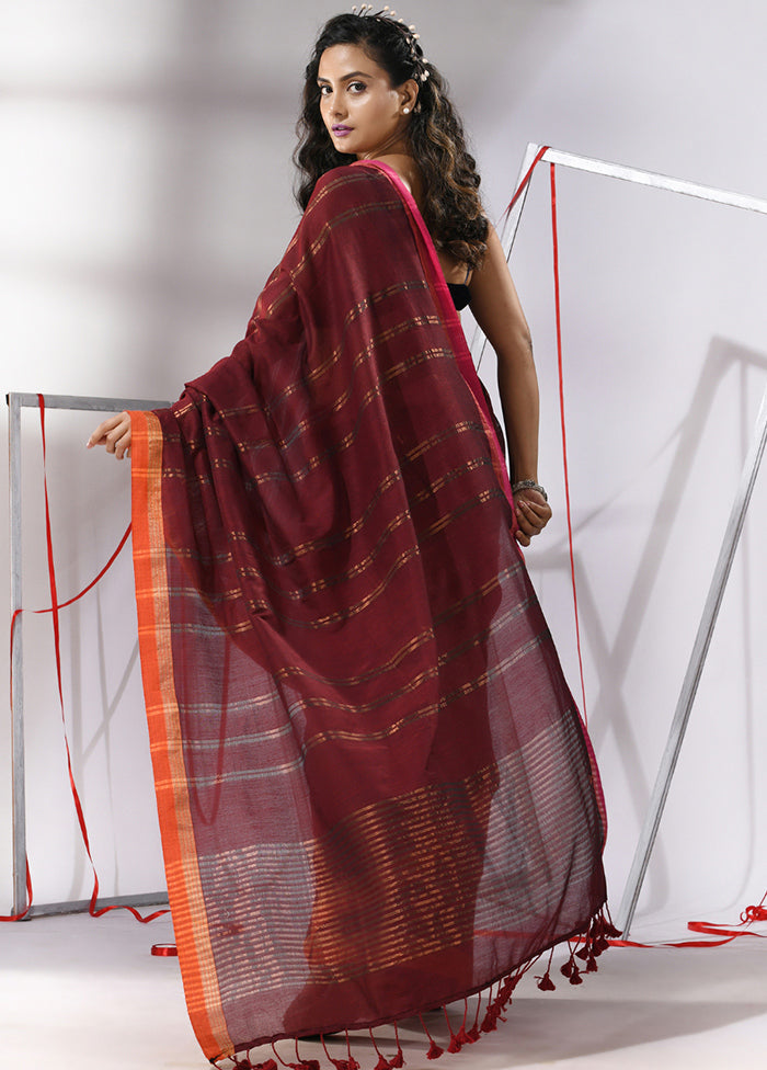 Maroon Cotton Saree With Blouse Piece - Indian Silk House Agencies