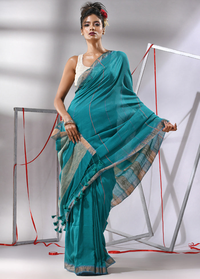 Teal Cotton Saree With Blouse Piece - Indian Silk House Agencies