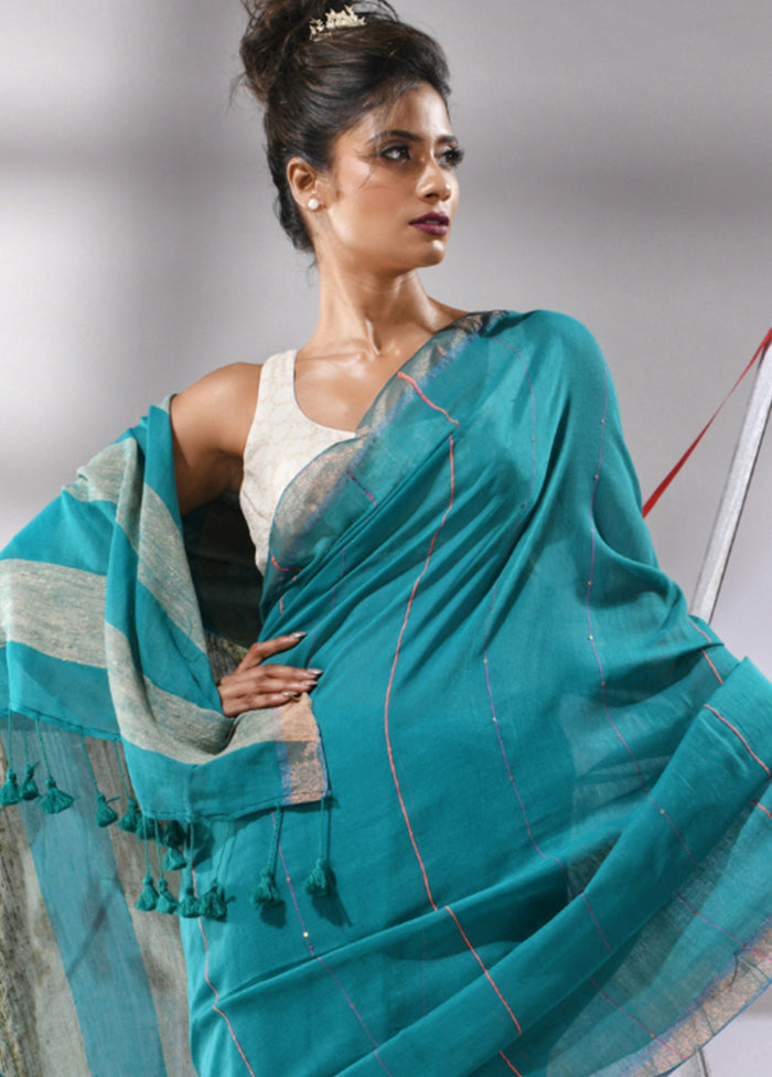 Teal Cotton Saree With Blouse Piece - Indian Silk House Agencies