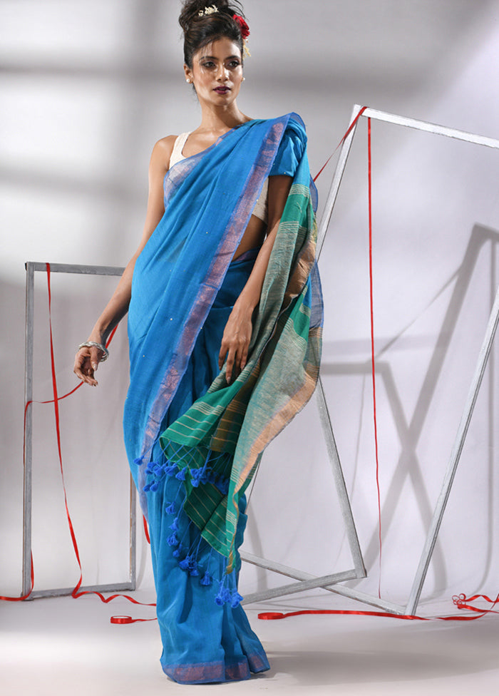 Blue Cotton Saree With Blouse Piece - Indian Silk House Agencies