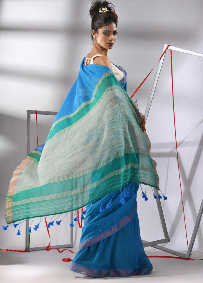 Blue Cotton Saree With Blouse Piece - Indian Silk House Agencies