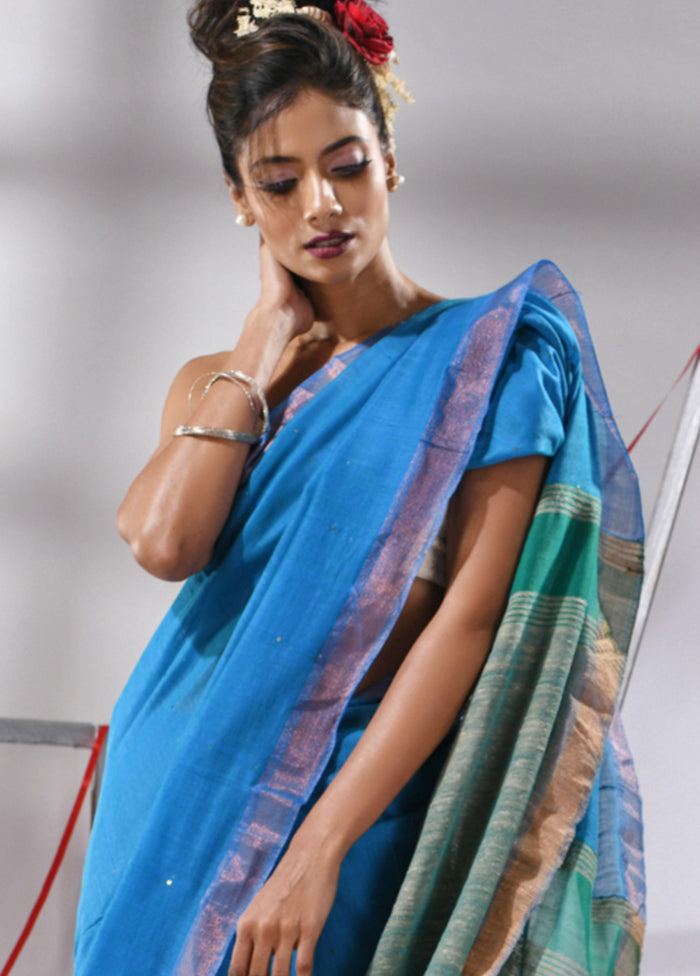 Blue Cotton Saree With Blouse Piece - Indian Silk House Agencies