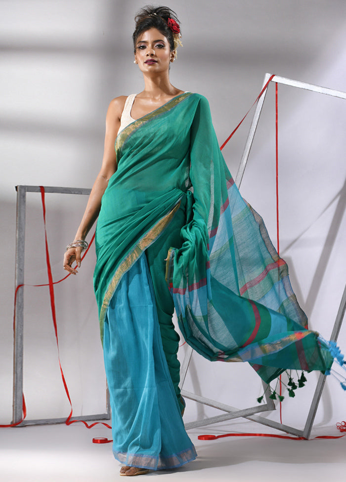 Teal Cotton Saree With Blouse Piece - Indian Silk House Agencies