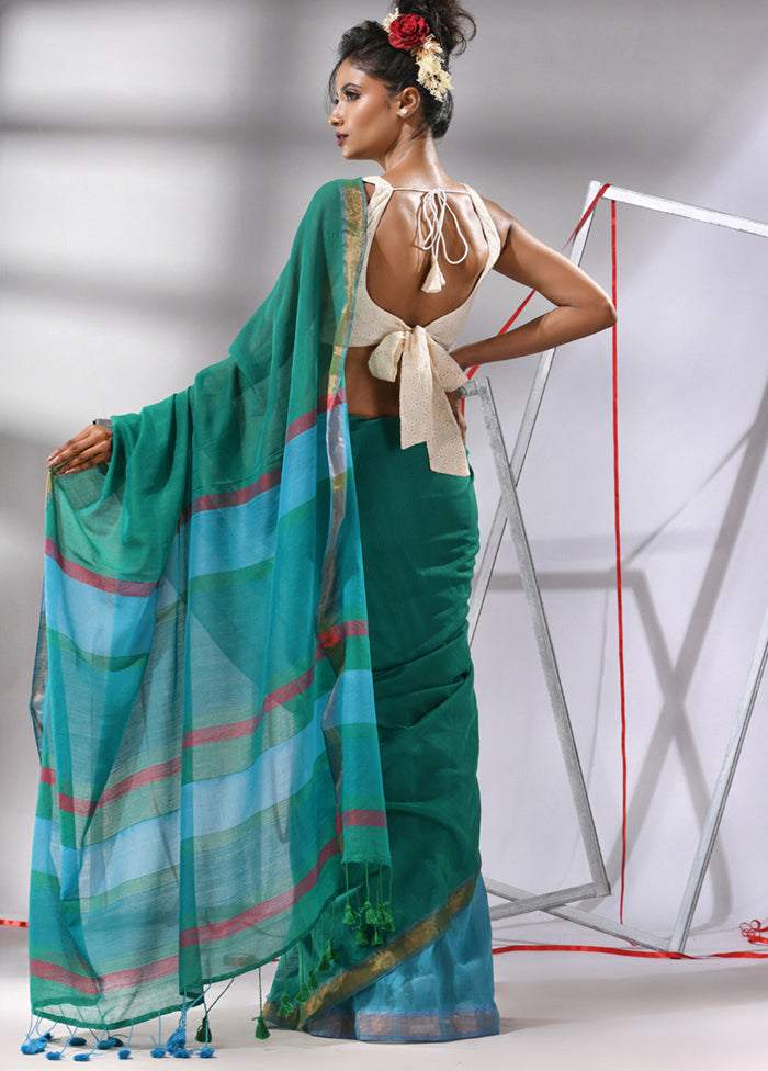 Teal Cotton Saree With Blouse Piece - Indian Silk House Agencies