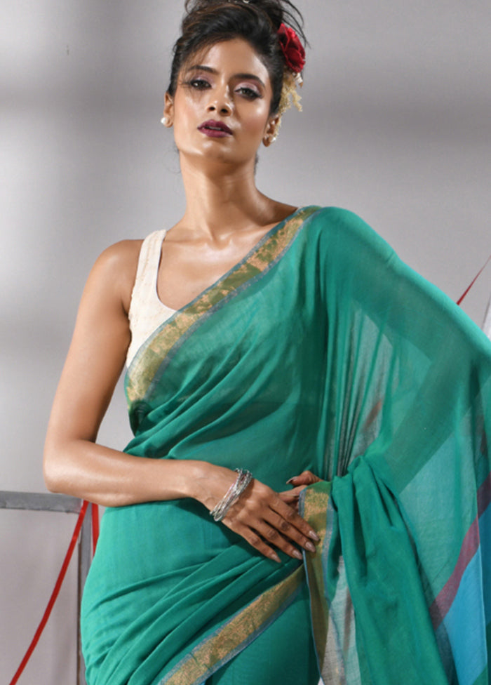 Teal Cotton Saree With Blouse Piece - Indian Silk House Agencies