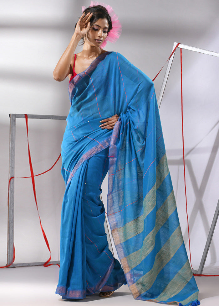 Blue Cotton Saree With Blouse Piece - Indian Silk House Agencies