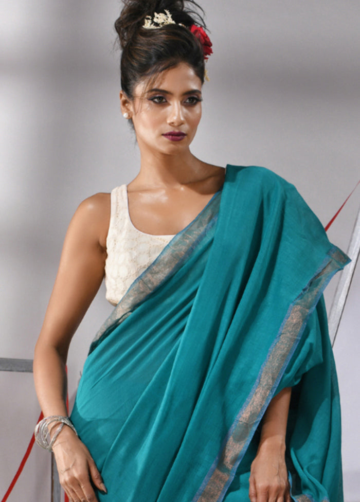 Teal Cotton Saree With Blouse Piece - Indian Silk House Agencies