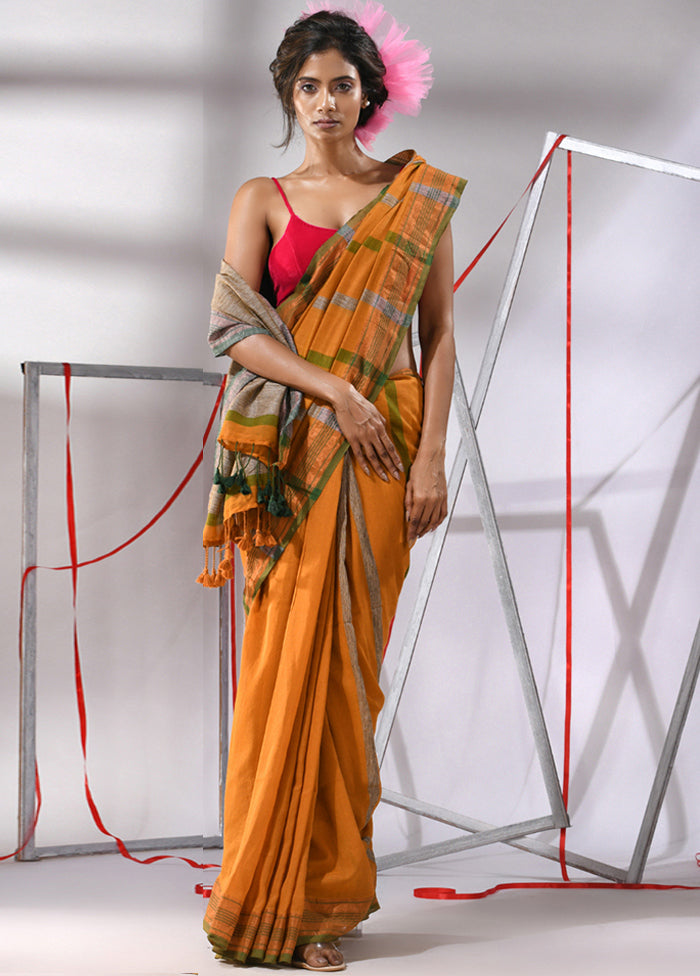 Yellow Cotton Saree With Blouse Piece - Indian Silk House Agencies