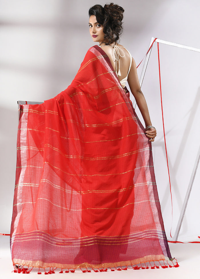 Red Cotton Saree With Blouse Piece - Indian Silk House Agencies