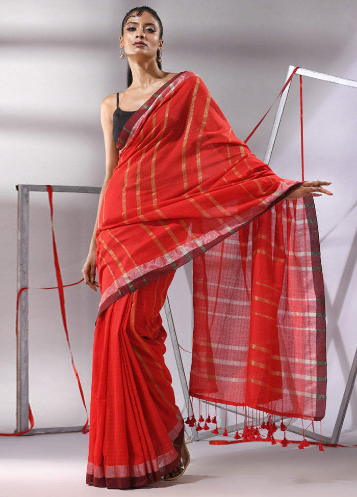 Red Cotton Saree With Blouse Piece - Indian Silk House Agencies