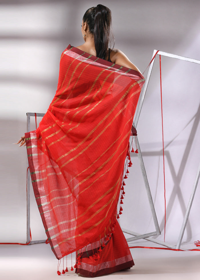 Red Cotton Saree With Blouse Piece - Indian Silk House Agencies