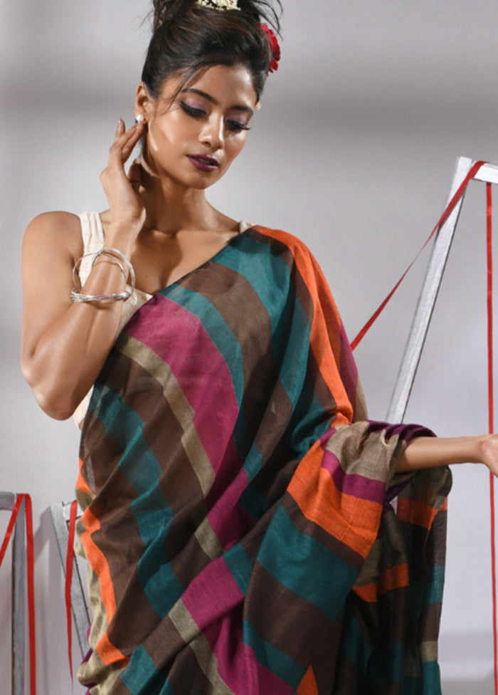 Brown Cotton Saree With Blouse Piece - Indian Silk House Agencies